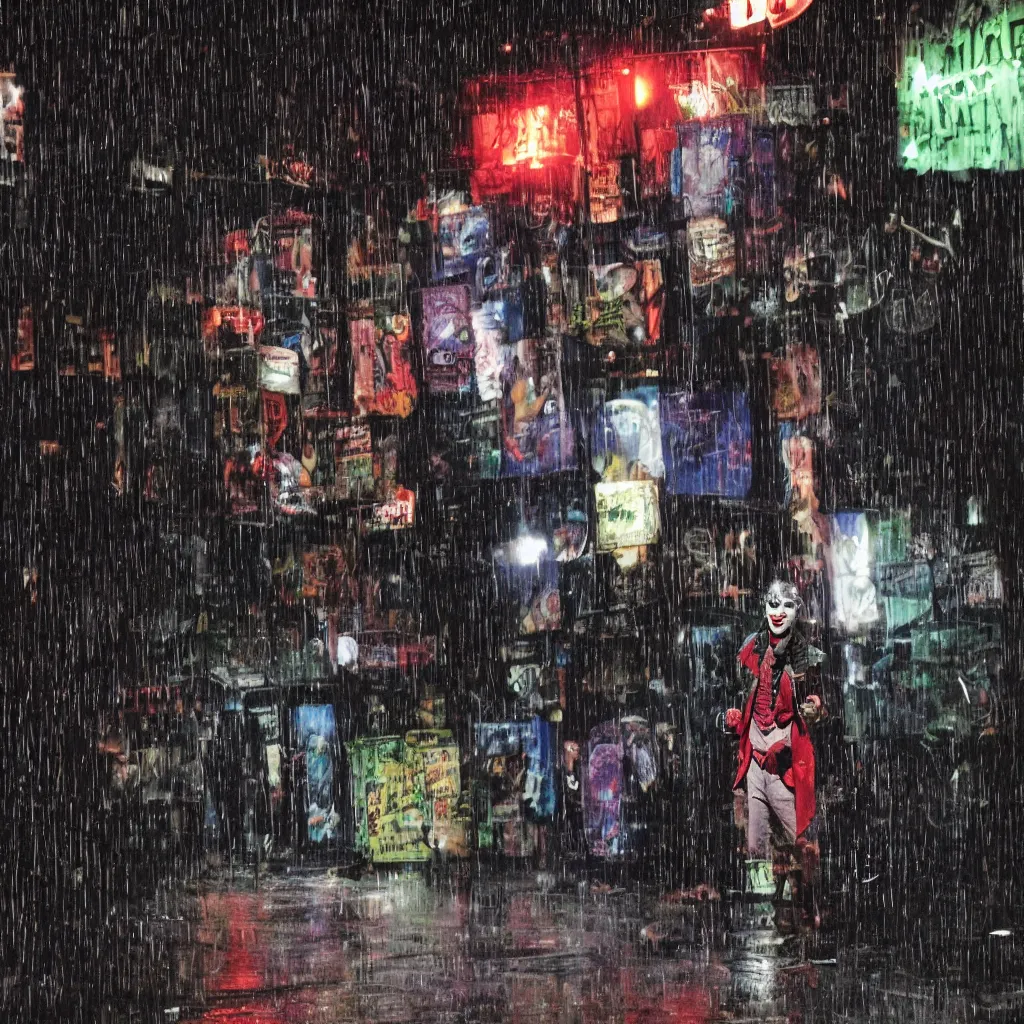 Prompt: night flash portrait photography of the joker on the lower east side by annie leibovitz, colorful!!, nighttime!, raining!
