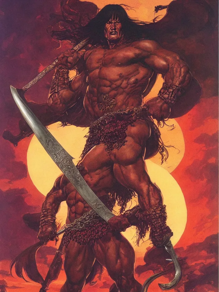 Image similar to a comic book cover color illustration of Conan the Barbarian wielding a sword during a sunset art by Dale Keown, Boris Vallejo, Frank Frazetta, Moebius