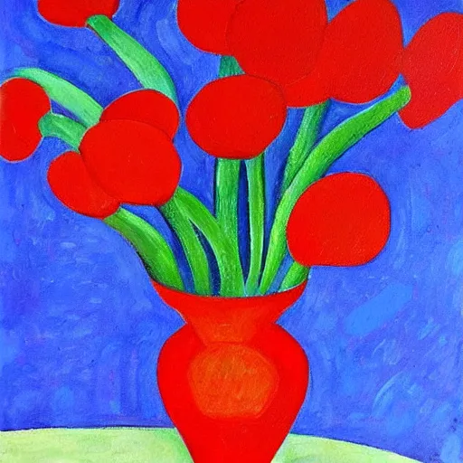 Prompt: a painting of red flowers in a blue vase, a gouache by tarsila do amaral, pinterest contest winner, fauvism, fauvism, oil on canvas, acrylic art