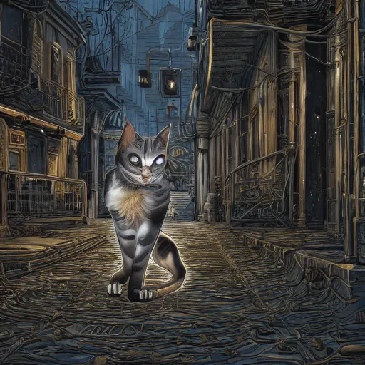 Image similar to gold and silver tones, cybernetic cat in a deserted town, style of moebius, james jean, rutkowski, cinematic, high detail, award winning, 8 k photorealistic