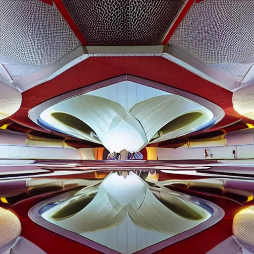 Image similar to futuristic lotus temple space station with gold, red and white marble panels, by buckminster fuller and syd mead, intricate contemporary architecture, photo journalism, photography, cinematic, national geographic photoshoot