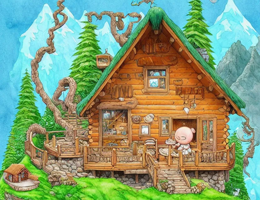 Image similar to cute and funny, a beautiful cozy cabin carved into a mountain, view of the ocean beneath, ratfink style by ed roth, centered award winning watercolor pen illustration, isometric illustration by chihiro iwasaki, edited by range murata, tiny details by artgerm and watercolor girl, sharply focused