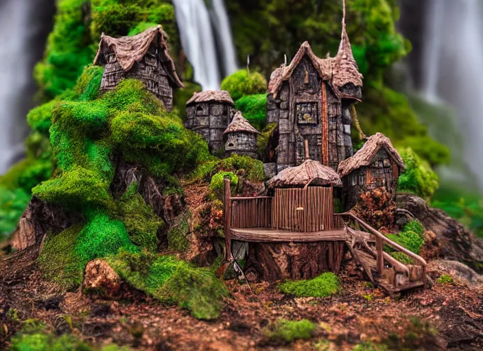 Prompt: high - res photograph of a wood sculpture diorama with fantasy castles, highly detailed sculpey diorama, forest setting in iceland, waterfall backdrop, realistic materials, wood, felt, cloth, burlap, copper wire, hot glue, smooth, sharp foccus, commercial product photography,