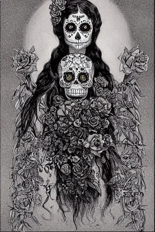 Image similar to Illustration of a sugar skull day of the dead girl, art by franklin booth