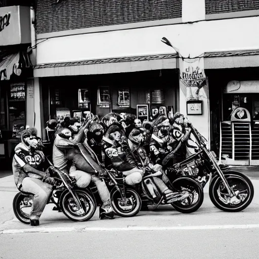 Prompt: a biker gang of coyotes, waiting outside a bar, smoking cigarettes and drinking beer, 25mm, black and white photography