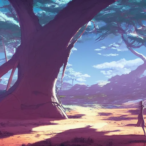 Image similar to concept art painting of prehistoric alien life, detailed, cel shaded, in the style of makoto shinkai and moebius and james gurney