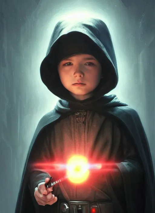 Image similar to perfectly - centered - portrait of a kid wearing black cloak holding light saber, intricate, highly detailed, digital painting, artstation, concept art, smooth, sharp focus, illustration, unreal engine 5, 8 k, art by artgerm and greg rutkowski and alphonse mucha and sam spratt