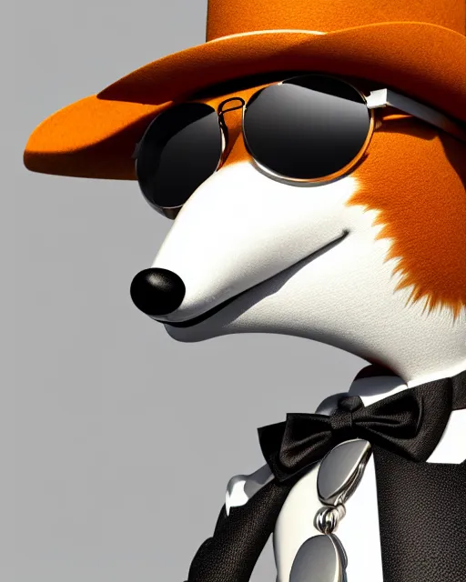 Prompt: close up anthropomorphic art of a fox wearing a white tuxedo, white cowboy hat, and aviator sunglasses, holding a cigar, artstation. highly detailed photograph, smooth, global illumination, 8 5 mm f / 1. 4