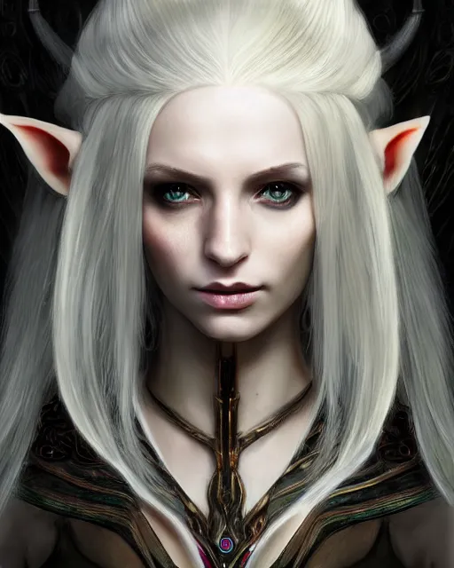 Image similar to portrait of a beautiful female elf with shimmering hair, symmetrical face and eyes, cgsociety, Elden Ring, Dark Souls, Bloodborne