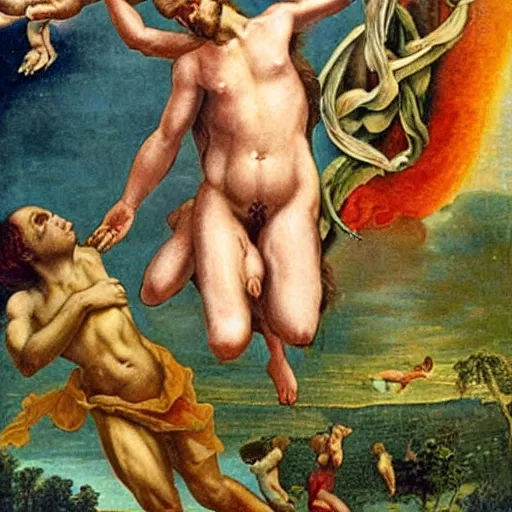 Image similar to Eve star-jumping in the Garden of Eden. God is wearing a concerned frown