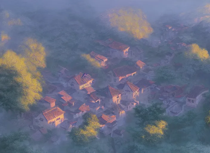 Prompt: concept art painting of a small woodland village in a valley seen from above, european japanese buildings, early morning, cel shaded, detailed, realistic, by makoto shinkai and moebius and greg rutkowski and james gurney