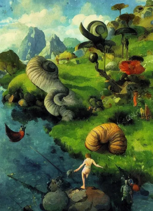 Prompt: photo of a giant snail man, guardian of the holy lake, bizarre, moss, grassy, beautiful environment, flying clolorful ink, clear blue sky, digital painting, highly detailed, masterpiece, art by andreas achenbach, august macke, alice bailly