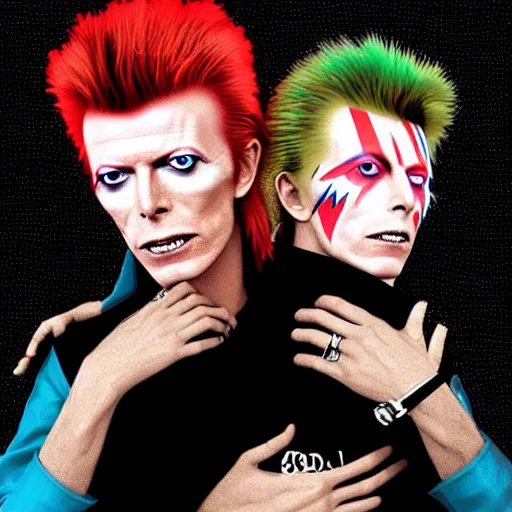 Image similar to david bowie getting a piggy back ride from ziggy stardust, digital art, glam rock