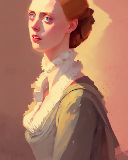 Image similar to hyper - realistic portrait of deborah ann woll as a jane austen character by atey ghailan, by greg rutkowski, by greg tocchini, by james gilleard, by joe fenton, by kaethe butcher, dynamic lighting, gradient light yellow, brown, blonde cream and white color scheme, grunge aesthetic