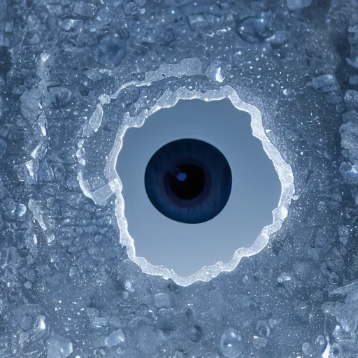 Image similar to a transparent sheet of frosted ice, with a weird eye behind it, XF IQ4, f/1.4, ISO 200, 1/160s, 8K, RAW, unedited, symmetrical balance, in-frame