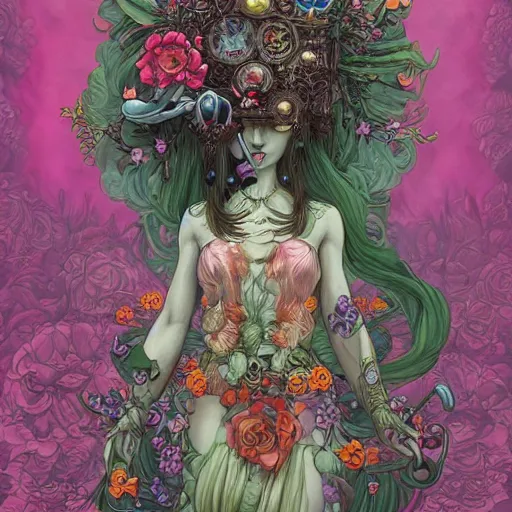 Prompt: Floralpunk Goddess of Time by James Jean, detailed, fantasy design, concept art, behance