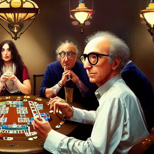 Prompt: larry david playing poker with woody allen, elegant, intricate, digital painting, artstation, concept art, smooth, sharp focus, illustration, art by artgerm and greg rutkowski and alphonse mucha