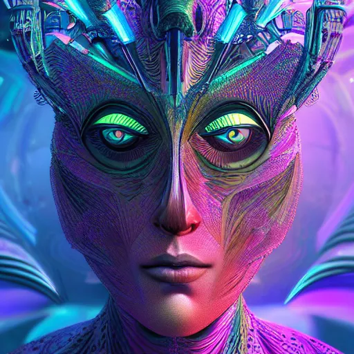 Image similar to Face of a Alien Deity, centered, corals, plume made of geometry, extremly detailed digital painting, sharp focus in the style of android jones, artwork of a futuristic artificial intelligence superstar with frames made of detailed circuits, mystical colors, rim light, beautiful lighting, 8k, stunning scene, raytracing, octane, under water visual distortion, dark tones colors, holographic feeling, trending on artstation