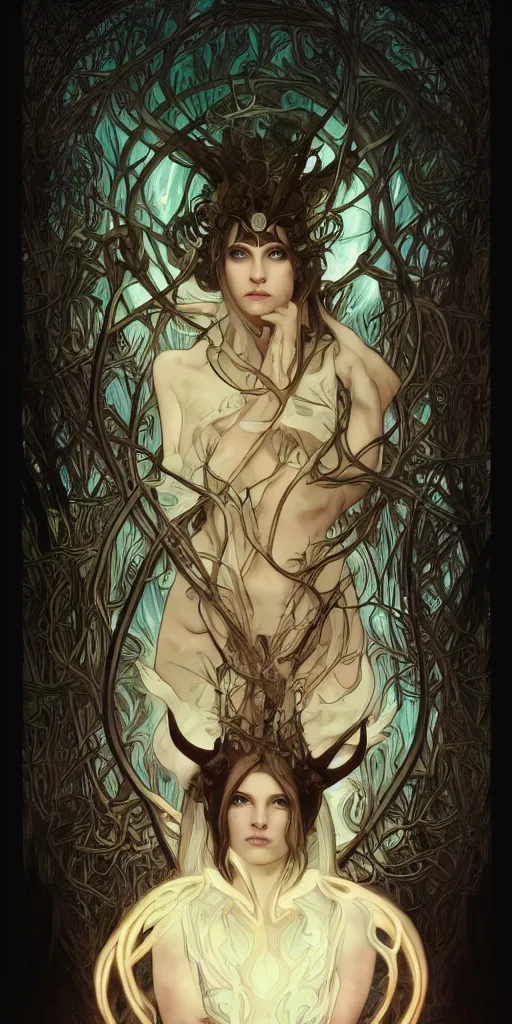 Image similar to intense bioluminescent glowing pagan god with horns and pure black eyes in very dark forest by artgerm and alphonse mucha, portrait, fantasy, clear, light beams, lens flare, intense, uhd, amazing depth, cinematic lighting