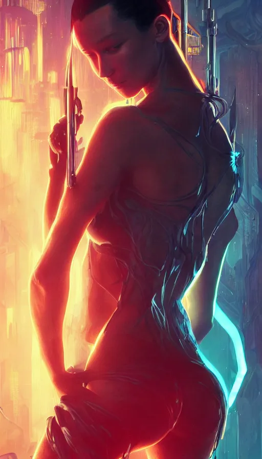 Image similar to altered carbon, young bella hadid, sweaty, tech, warhammer, neon, lord of the rings, intricate, highly detailed, digital painting, artstation, concept art, smooth, sharp focus, illustration, unreal engine 5, 8 k, art by artgerm and greg rutkowski and alphonse mucha