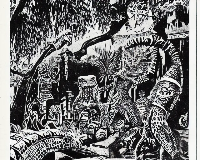 Prompt: surreal b & w nightmarish garden las pozas, mayan jaguar warrior, ink by frank miller and jose guadalupe posada, cut out collage, science fiction fanzine 1 9 6 7