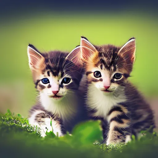 Image similar to photorealistic potrait of two kittens playing in a field of catnip, wide angle lens, bokeh filter, hyperrealism