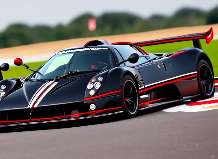 Prompt: !dream Black with red striped Pagani Zonda R cornering on a racetrack, 16K resolution, photography,
