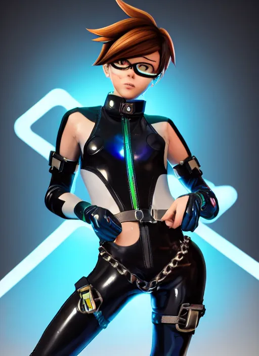 Image similar to full body digital artwork of tracer overwatch, wearing black iridescent rainbow latex swimsuit, 4 k, expressive happy smug expression, makeup, in style of mark arian, wearing detailed black leather collar, wearing chains, black leather harness, leather cuffs around wrists, detailed face and eyes,