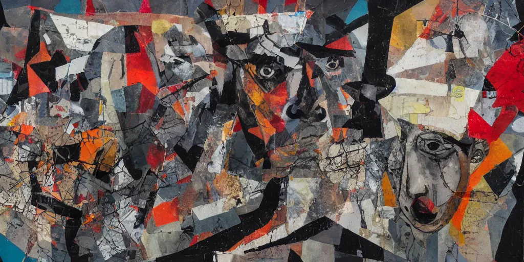 Image similar to mad dog on a chain, collage, sweeping paper and acrylic on canvas, minimalism and expressionism movement, breathtaking detailed, by natalia dumitrescu