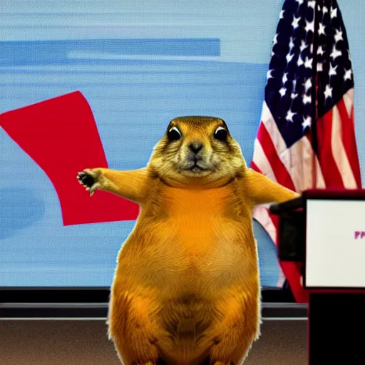 Prompt: a obese prairie dog in a press confenrece room, giving a presidential speech