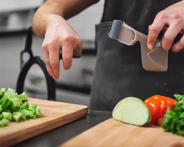 Image similar to 9 0 degrees fov, first person point of view of me chopping vegetables on a chopping board, gopro footage