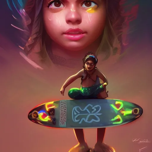 Prompt: character concept of a white bengali girl, chubby, riding a skateboard, neon lights, highly detailed, digital painting, artstation, concept art, symmetry, smooth, sharp focus, illustration, art by artgerm and greg rutkowski and alphonse mucha