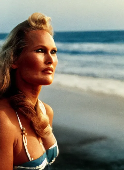 Image similar to A hyper realistic and detailed head portrait photography of Ursula Andress of Dr No walking on a secluded beach. by William Egglestone. 1980s art deco revival style. Cinematic. Golden Hour. Kodak Portra 400. Lens flare. 85mm lens