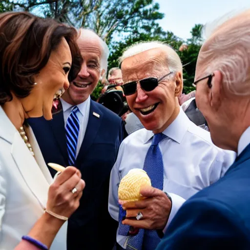 Prompt: kamala harris shoving an ice cream cone into joe biden's ear surrounded by stunned onlookers pointing and laughing, photography, sigma f 3 0, highresolution