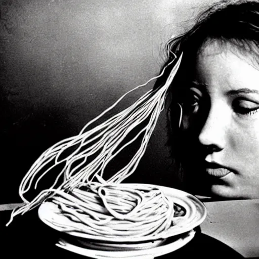 Image similar to girl eats spaghetti and crying spaghetti, style of Salvador Dali