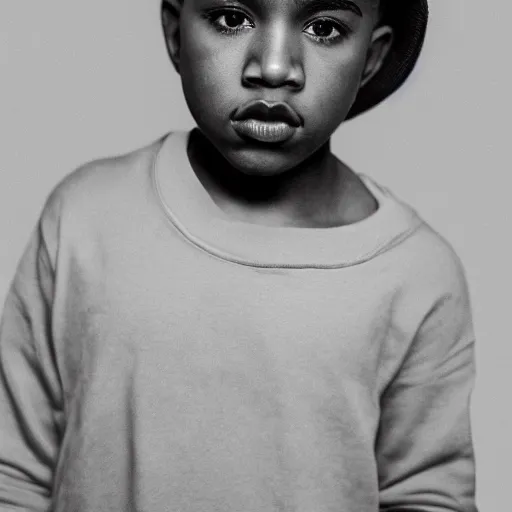 Prompt: the face of young kanye west wearing yeezy clothing at 8 years old, black and white portrait by julia cameron, chiaroscuro lighting, shallow depth of field, 8 0 mm, f 1. 8