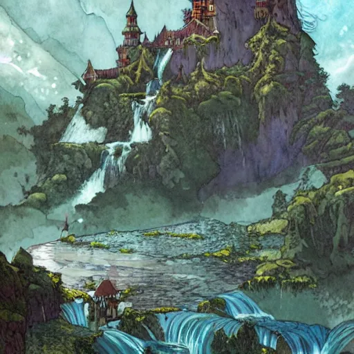Image similar to Ink and watercolor masterpiece depicting Idyllic fantasy landscape, waterfalls, castle, willows, mystical, magical, Edmund Dulac and Andreas Rocha, Hyperdetailed, stylized, Artstation