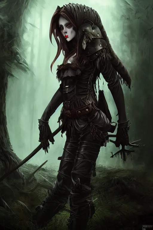 Image similar to dramatic atmospheric dark forest scenery, girl with vampire-fangs in hide leather armor, hyperdetailed, artstation, cgsociety, 8k