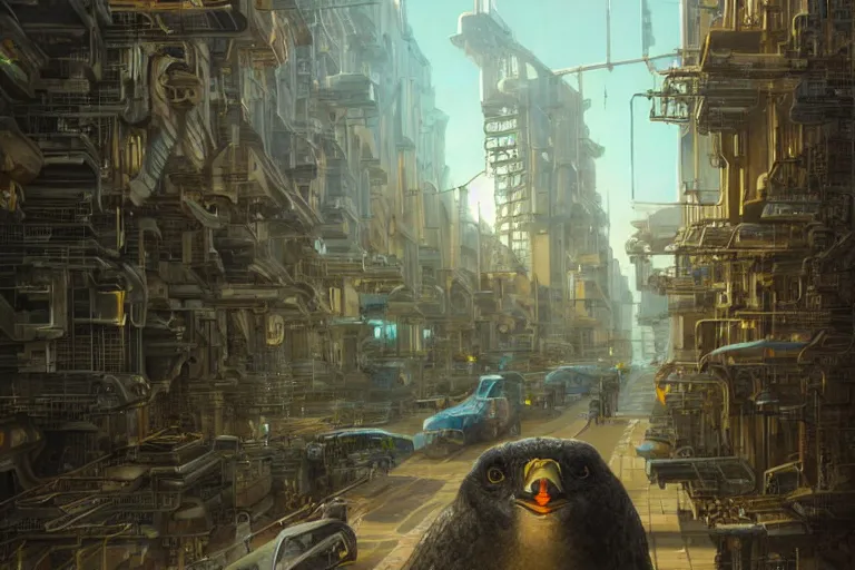 Image similar to A solarpunk very highly detailed cybertronic Goose with very highly detailed face on the street of a very highly detailed solarpunk sci-fi city digital rational painting art by Greg Rutkowski, sci-fi highly detailed, digital concept art, Dimensional cyan gold natural light, sharp focus, Golden Ratio illustration, realistic concept art by Stephen Hickman and James Gurney and Hiromasa Ogura Ghost in the Shell rendered in Octane Render, From the distance