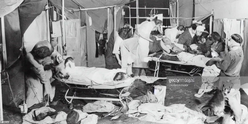 Image similar to photograph in a ww 2 field hospital, hamsters on stretchers, hamster medics caring for injured hamsters, no humans in the image, detailed