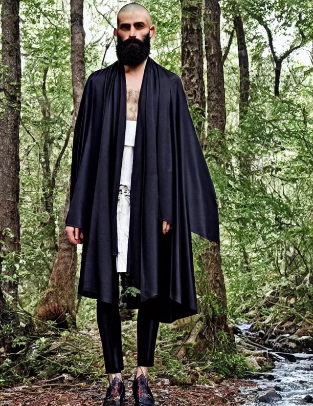 Prompt: full body shot longshot modern intricate textile ancient greek himation pallium cloak chiton shaved head full beard walking along the small creek in the woods hugo boss gucci