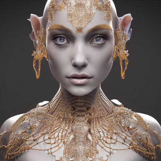 Image similar to full body detailed, ethereal, biomechanical, covered in diamonds and other gems glowing, highly detailed face, elegant posed, intricate, extremy detailed, beeple, cgsociety, 3 d unreal engine octane render. cinematic lighting, highly detailed 4 k art