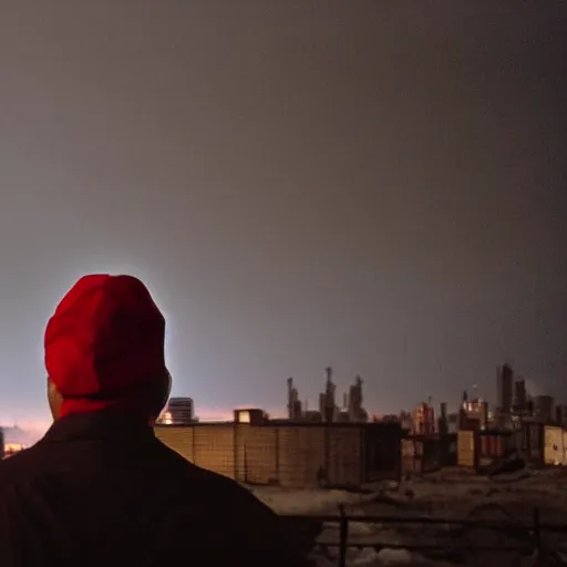 Prompt: a person watching the end of the world, dystopian city, wasteland, red hue