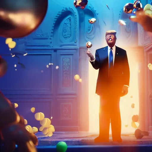 Image similar to Donald Trump flossing fornite dance, fullbody, ultra high detailed, glowing lights, oil painting, unreal 5, DAZ, hyperrealistic, octane render, RPG portrait, dynamic lighting, fantasy art