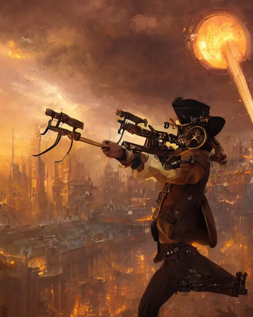 Image similar to oil painting of Anthropomorphized Steampunk Owl Sniper aiming steampunk gun, sharp focus, exploding golden steampunk city background, full body, heroic pose, fantasy style, octane render, volumetric lighting, 8k high definition, by greg rutkowski, highly detailed, trending on art Station, magic the gathering artwork, centered, dramatic artwork