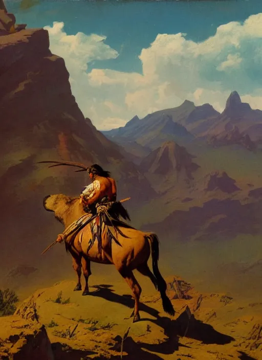 Image similar to native american riding bison, buffalo, native american warrior, mountain range, beautiful sky, standing on the edge of a cliff, 1 9 th century, painted by frazetta