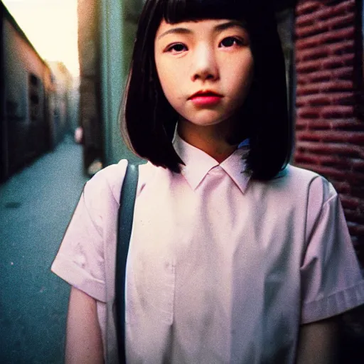 Prompt: 1990s perfect 8K HD professional photo of close-up japanese schoolgirl posing in sci-fi dystopian alleyway, at instagram, Behance, Adobe Lightroom, with instagram filters, depth of field, taken with polaroid kodak portra