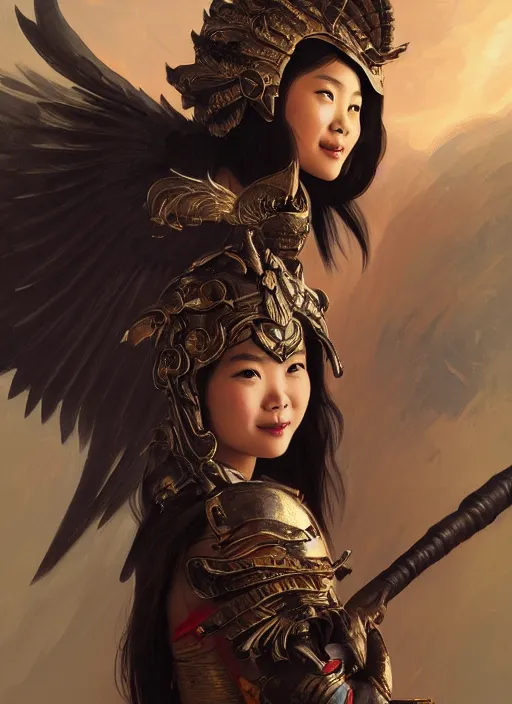 Image similar to Close-up portrait of smiling young asian woman wearing a winged helmet and black armor with skulls, holding a magic staff, portrait, highly detailed, digital painting, artstation, concept art, sharp focus, illustration, art by artgerm and greg rutkowski and alphonse mucha