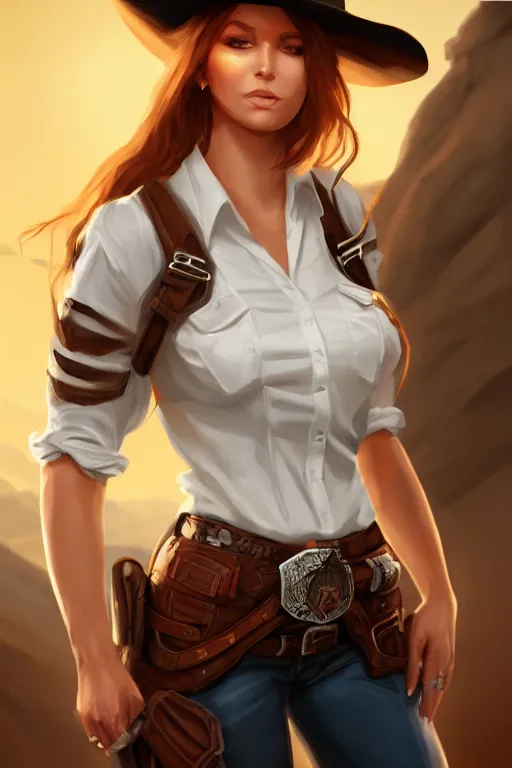 Image similar to full body, female cowgirl, perfect face, white blouse, holster, 8 k, magic the gathering, desert, d & d, artstation, high detail, smooth, sweaty