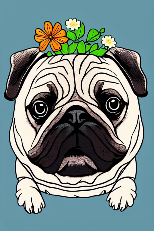 Image similar to portrait of a flower pug, art by milka oxana, sticker, colorful, illustration, highly detailed, simple, smooth and clean vector curves, no jagged lines, vector art, smooth